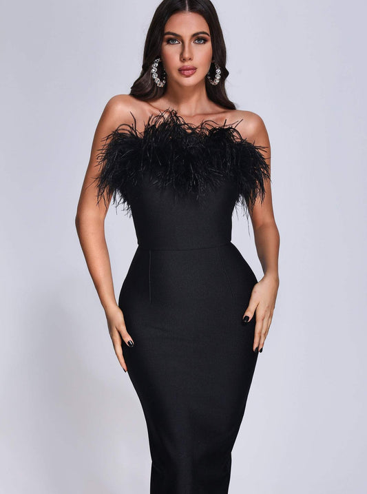 Xuliy Feather Maxi Bandage Dress