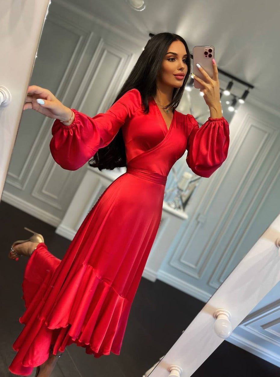 Long Sleeve Satin Dress Red