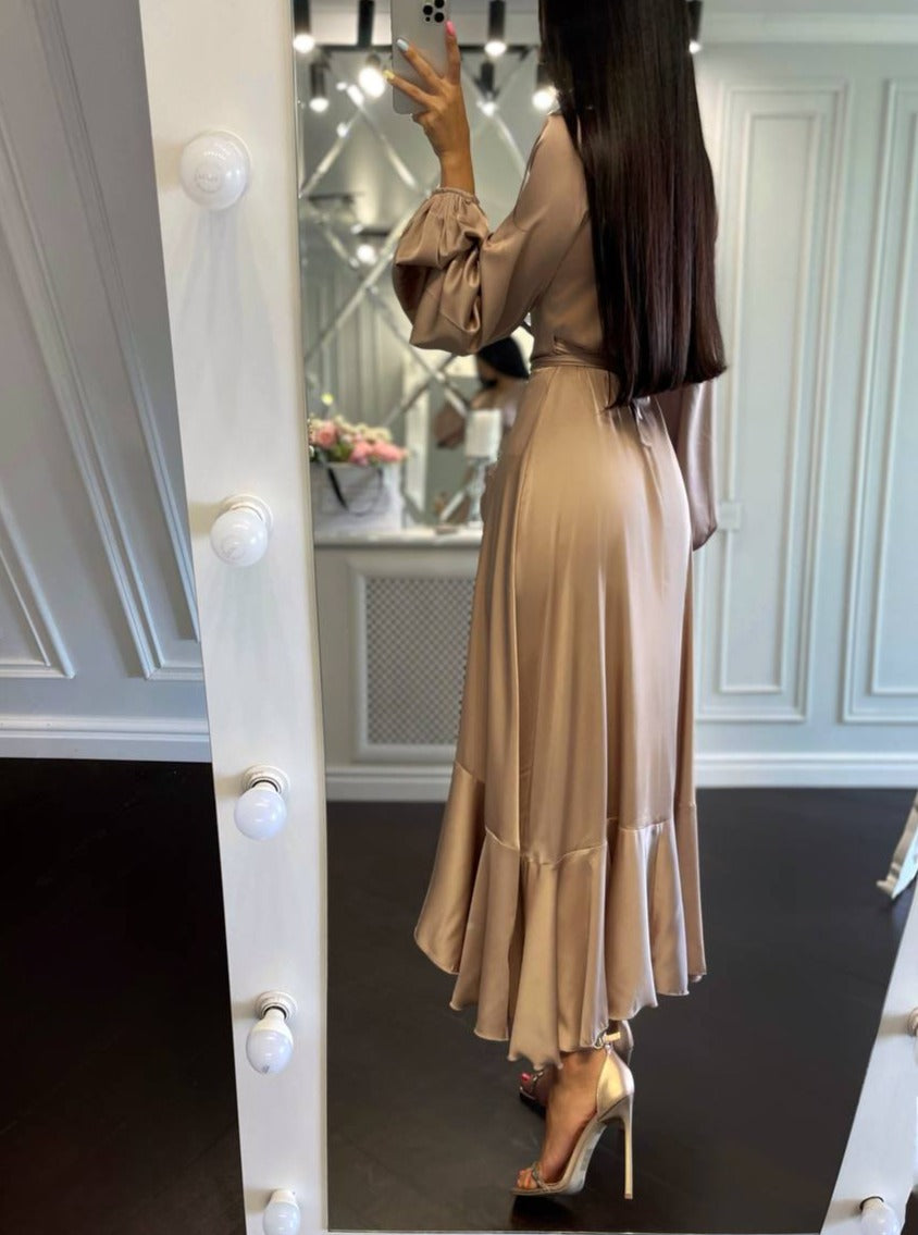 Long Sleeve Satin Dress Golden Champagne