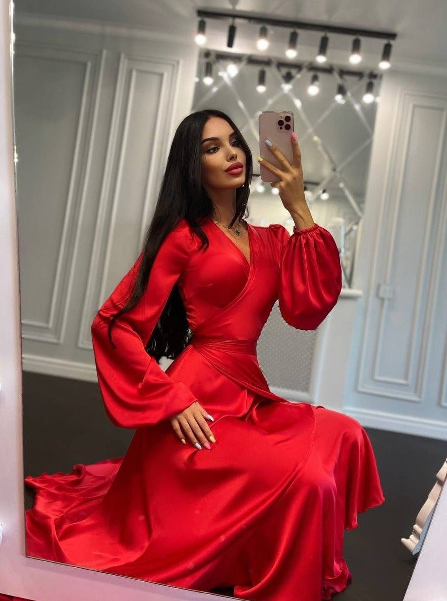 Long Sleeve Satin Dress Red