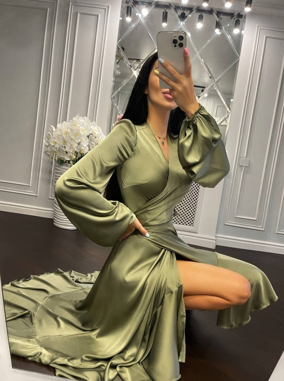 Long Sleeve Satin Dress Olive