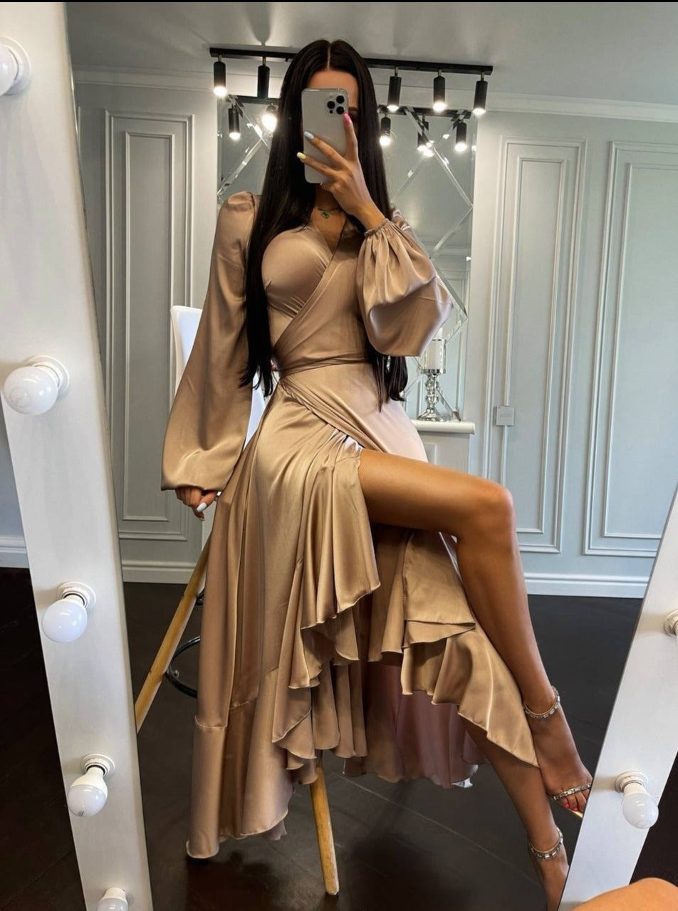 Long Sleeve Satin Dress Golden Champagne