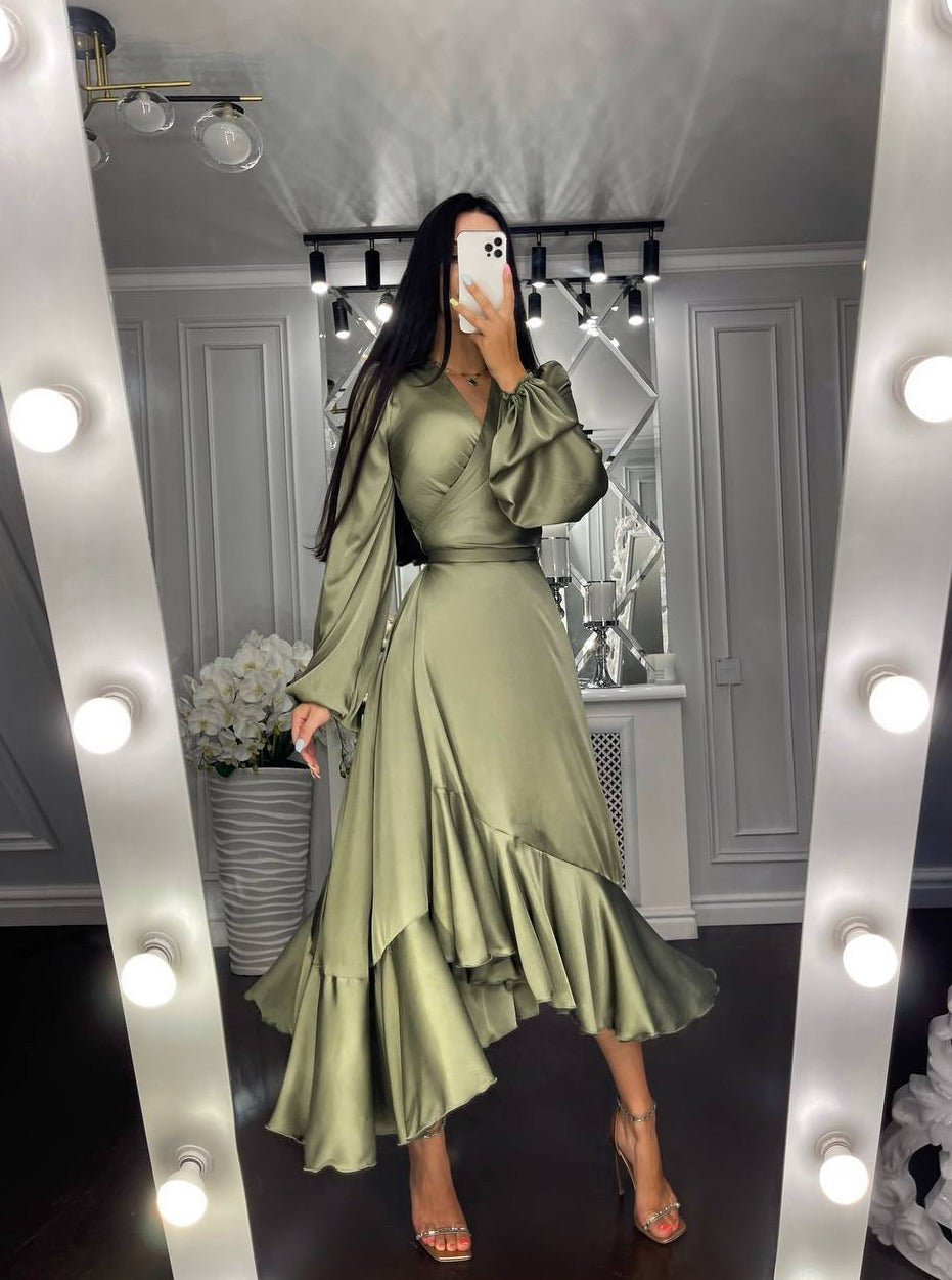 Long Sleeve Satin Dress Olive