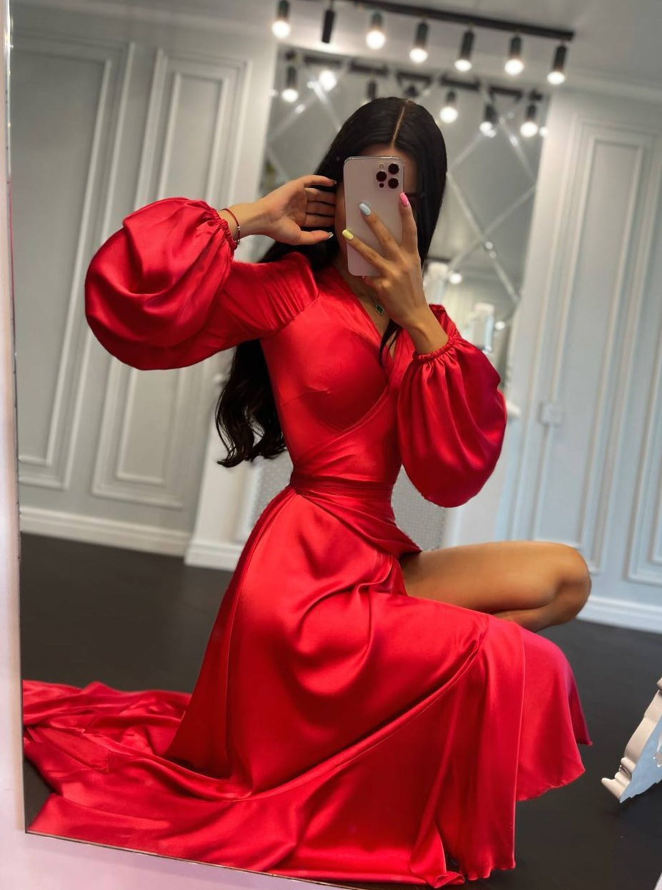 Long Sleeve Satin Dress Red