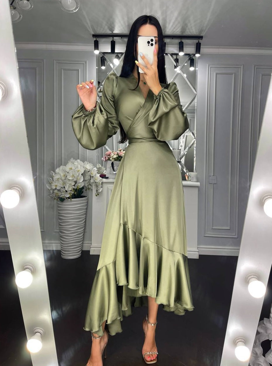 Long Sleeve Satin Dress Olive