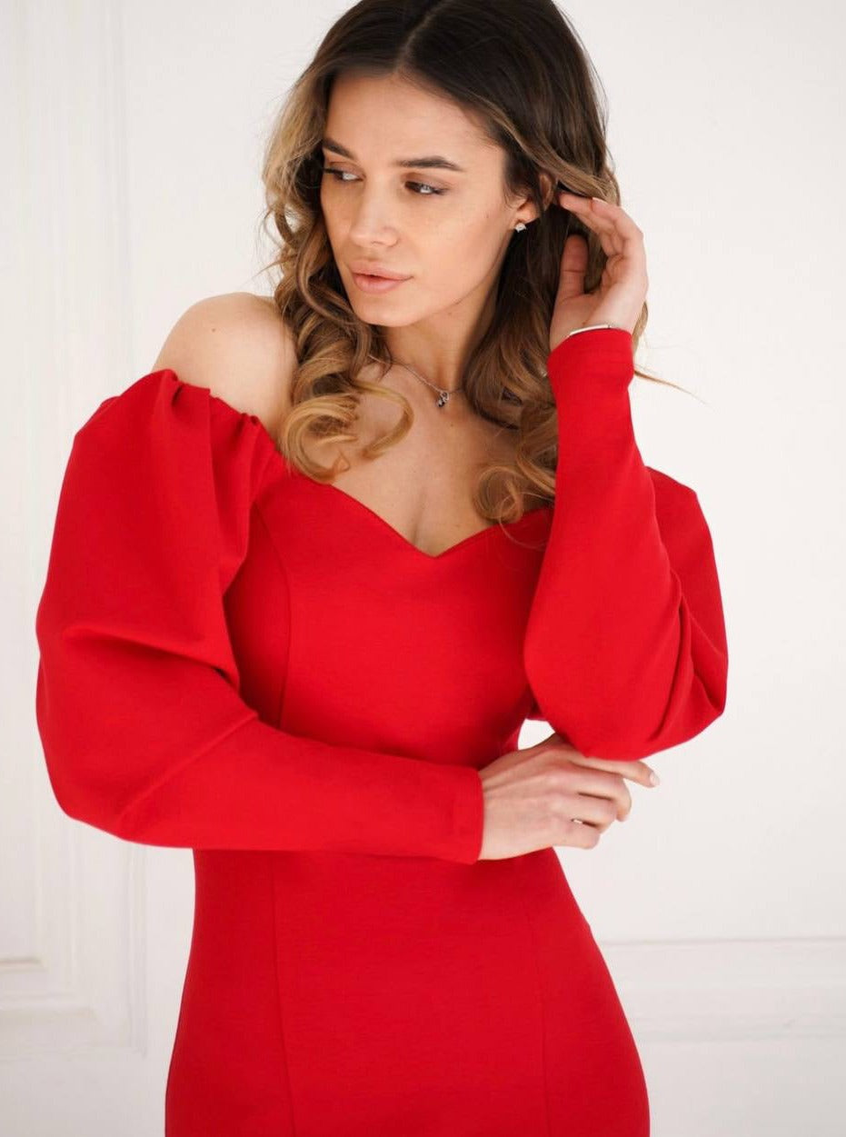 Red Long Sleeve Midi Dress