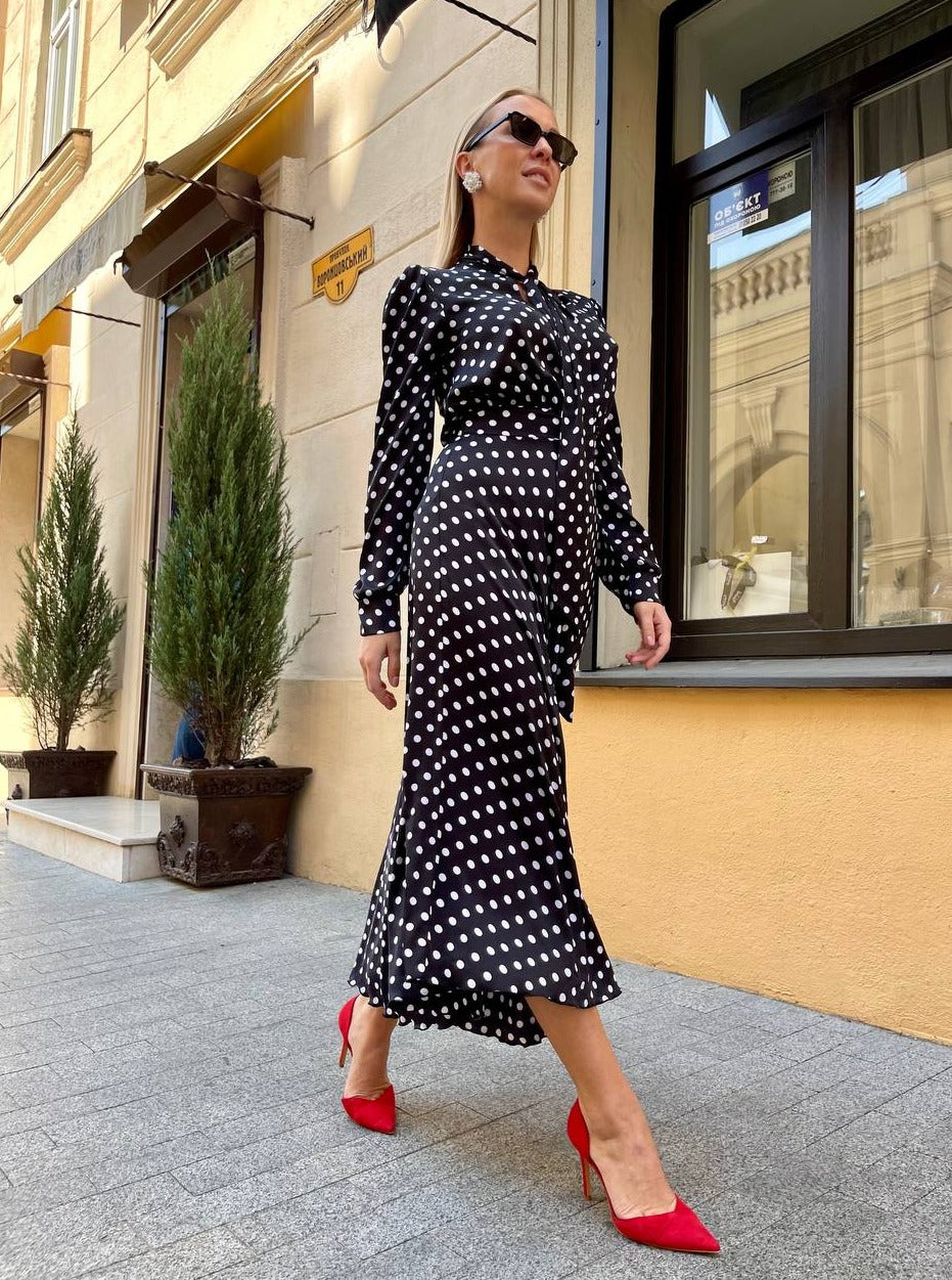 Polka Dot Long Sleeve Midi Dress Buttons and Bows Boutique